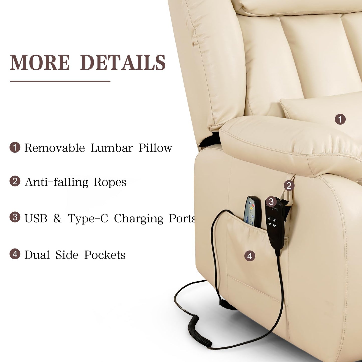 Infinite Position Lay Flat Lift Recliner Chair for Adults, Dual Motor Power Lift Chair for Elderly with Massage & Heating, Extended Footrest, USB Ports, Remote Control & Lumbar Pillow, Leather (Beige)