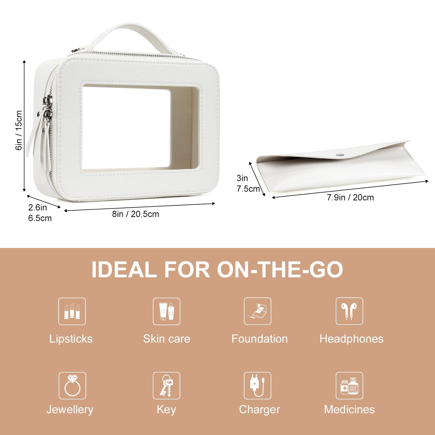 EcoVision Clear Makeup Bag, Travel Cosmetic Accessory Bag, Toiletry Organizer Bags for Women, Portable Waterproof Zipper Cosmetic Bag with Transparent Window, White