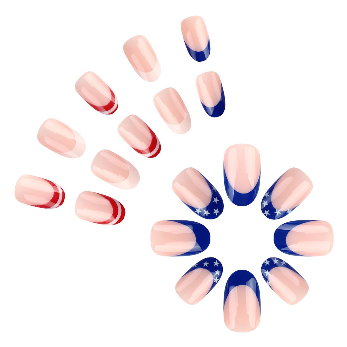4th Of July French Tip Press On Nails Short Almond Fake Nails Independence Day False Nails Press Ons With Star Design Nude Stick On Nails Full Cover Glue On Nail For Women Nail Supplies 24pcs