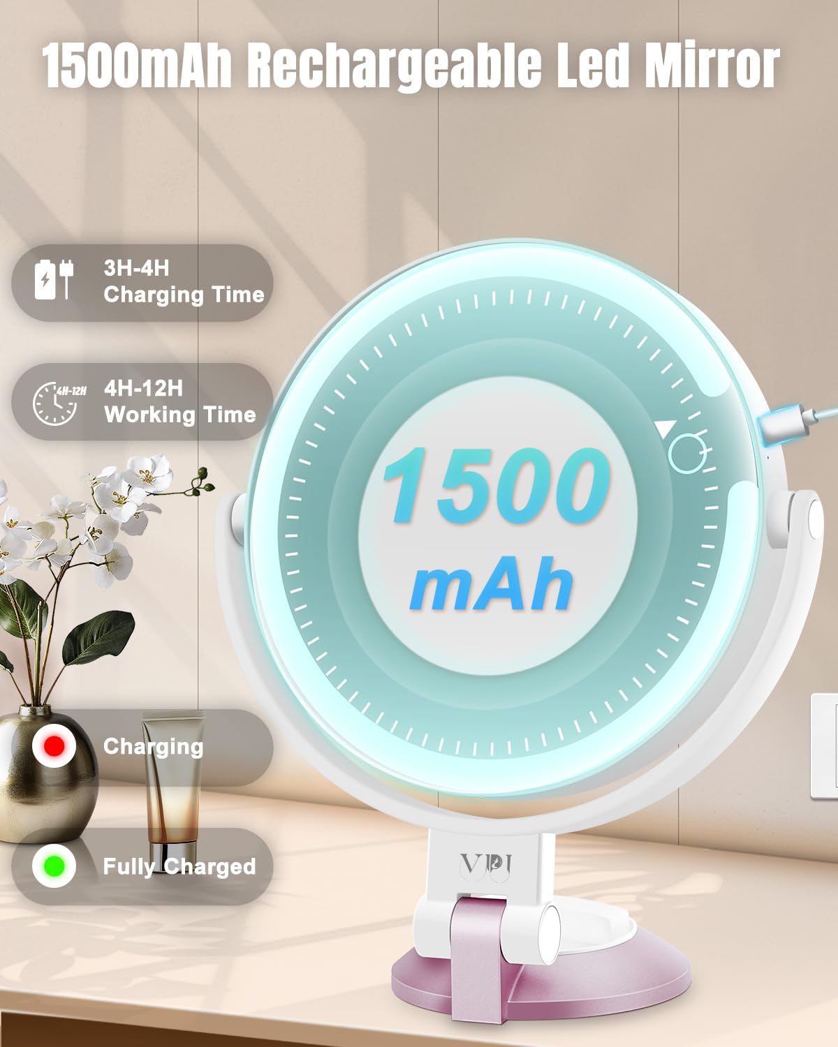 vpu 30X/1X Wall Mounted Magnifying Makeup Mirror with Power Suction Cup, Rechargeable Double Sided Regular HD/Magnification 3 Color Modes Adjustable Brightness Mirror with Lights for Bathroom, Travel