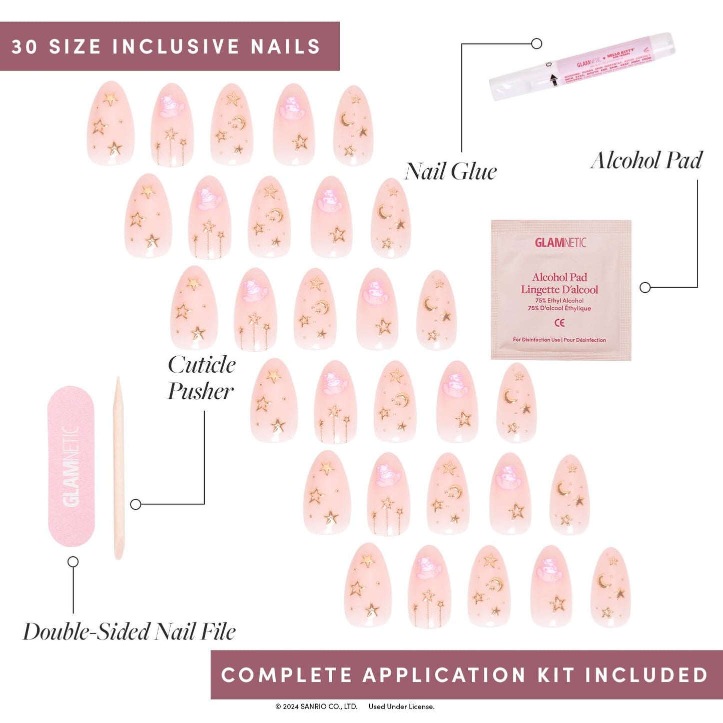 Glamnetic Press On Nails - My Melody™ Short Almond Gold Foil 3D Graphic | 30 Nail Kit with Glue - 15 Sizes Available