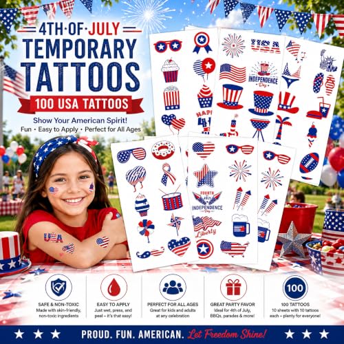 Anapoliz 100pcs Patriotic 4th of July Temporary Tattoos - Red White Blue USA Flags & Fireworks