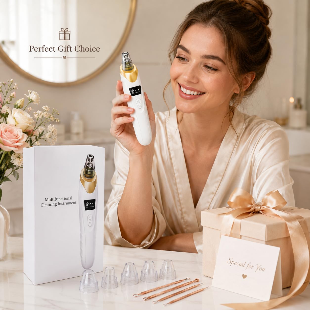 2026 Blackhead Remover with 5 Suction Heads & 4 Gold Extraction Tools, Electric Blackhead Vacuum Pore Vacuum for Deep Facial Cleaning, USB Rechargeable for Women & Men-Khaki