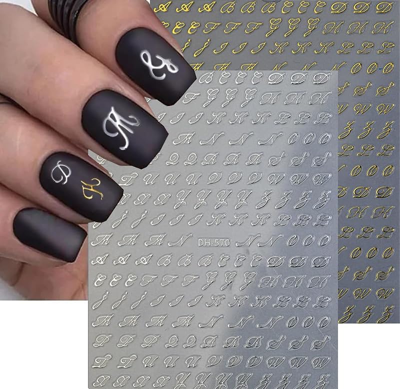 8 Sheets 3D Letter Nail Stickers - Old English Alphabet Decals