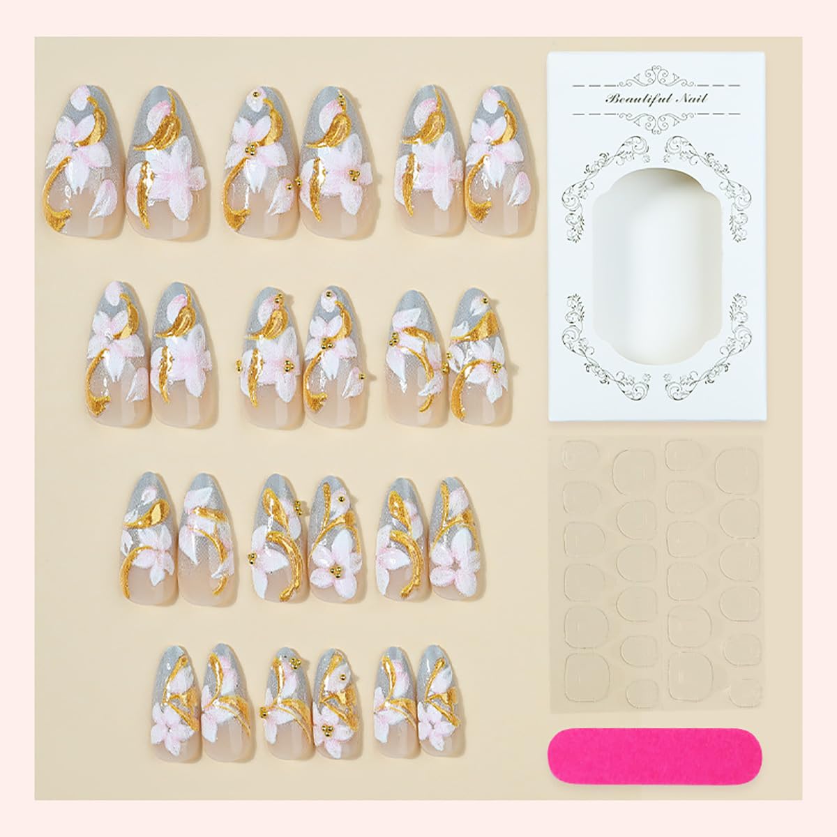 24Pcs Flower Press On Nails - Medium Almond 3D Floral Design with Gold Lines | Cute Spring Full Cover Fake Nails