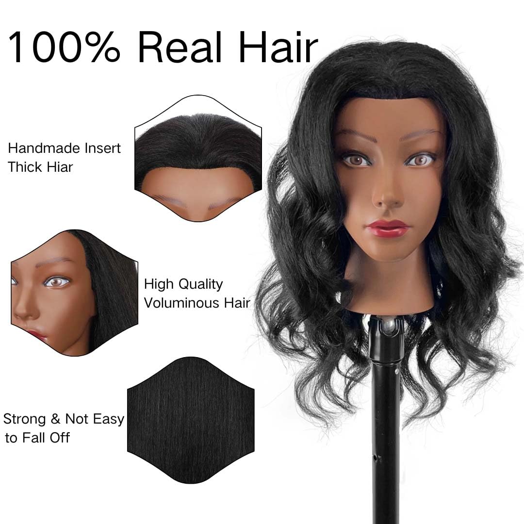 Mannequin Head - 100% Real Human Hair Cosmetology Practice Doll with Tripod Stand | 18 Inch