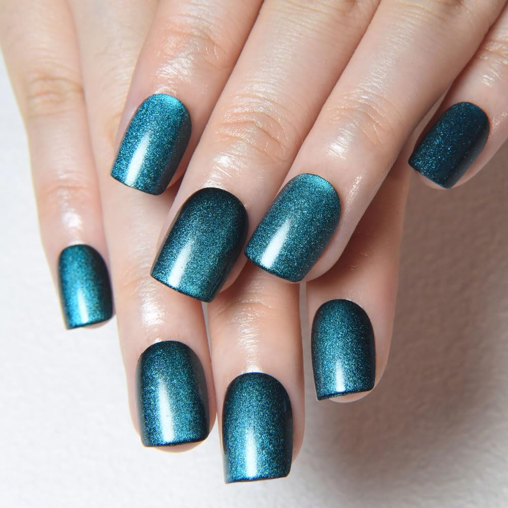 Aqua Blue Cat Eye Press-On Nails - Medium Square Chrome Design | Holographic Glitter Gel Acrylic Reusable