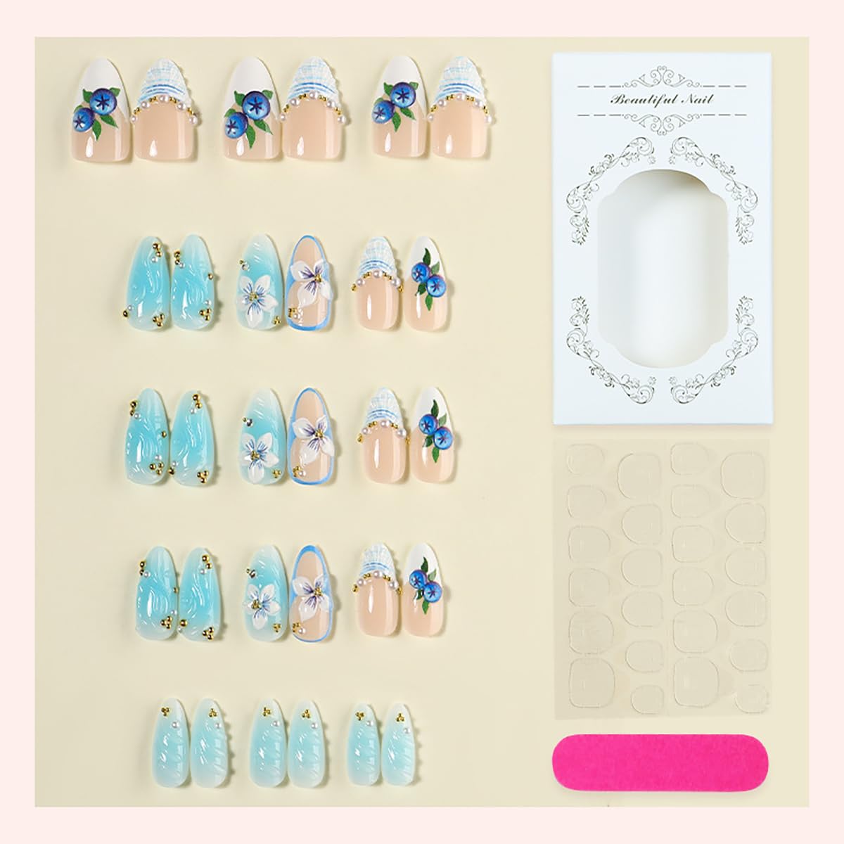 3D Blueberry Flower Press-On Nails - Medium Almond Shape with Pearl & Gold Beads | Reusable Glossy Blue French Tips for Summer Parties