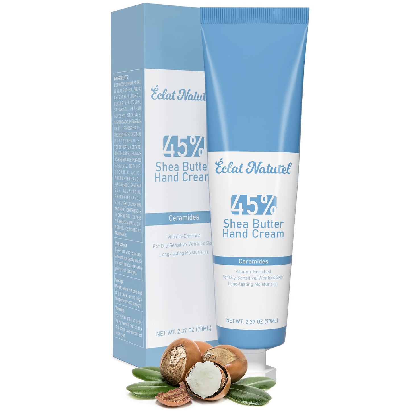 ÉCLAT NATUREL Shea Butter Hand Cream, Made with 45% Shea Butter Moisturizer for Dry Hands, Vitamin E Niacinamide Ceramide Hand Lotion, Radiant Nourish Moisturizing Cream, 2.37 Fl Oz
