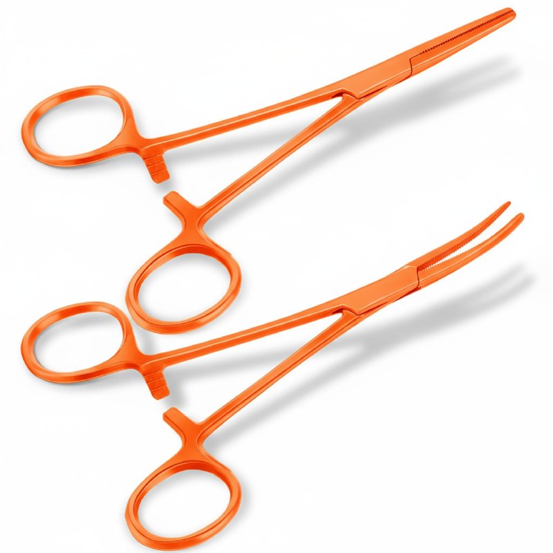 BBTO Hemostat Curved and Straight Hemostat Forceps Piercing Pliers Forceps, Stainless Steel Straight and Curved Pliers, Fishing Tweezer (Orange,2 Pcs)