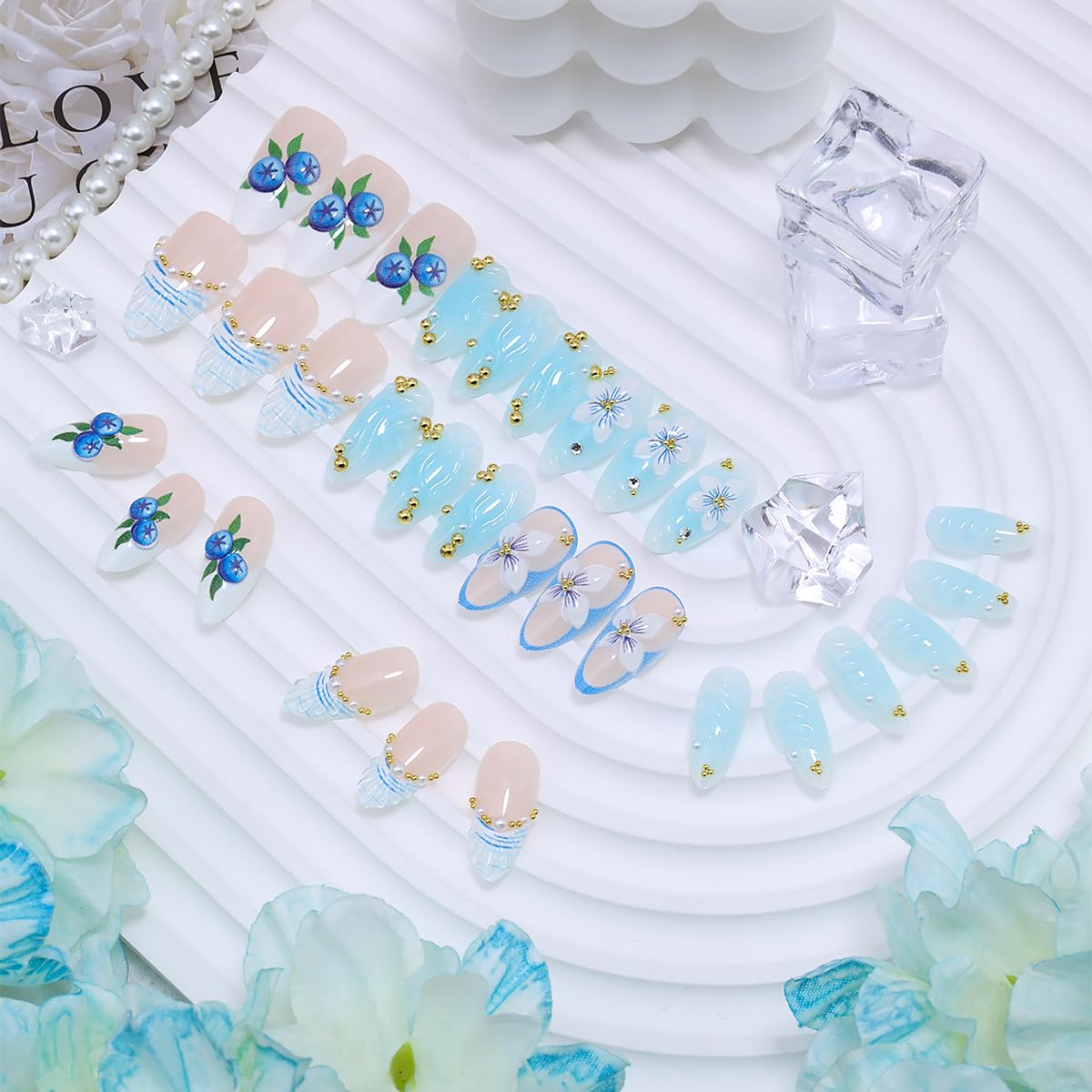 30Pcs Handmade Press-On Nails | Medium Almond 3D Ocean Wave Blueberry Floral Design with Pearls & Rhinestones