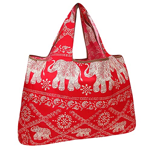 Large Foldable Tote Bag - Reusable Nylon Grocery Bag with Regal Elephants