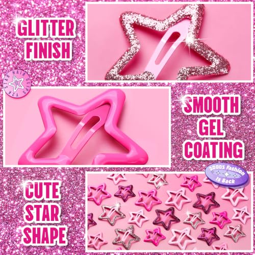 YGDZ 30PCS Y2K Pink Star Hair Clips Set - Glitter Barrettes & Snap Clips