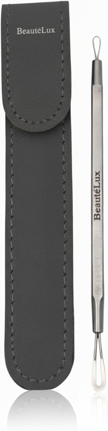 Blackhead Removal Tool - 2-in-1 Stainless Steel Acne Extractor | Dual-Loop Pimple Remover with Grey Leather Pouch