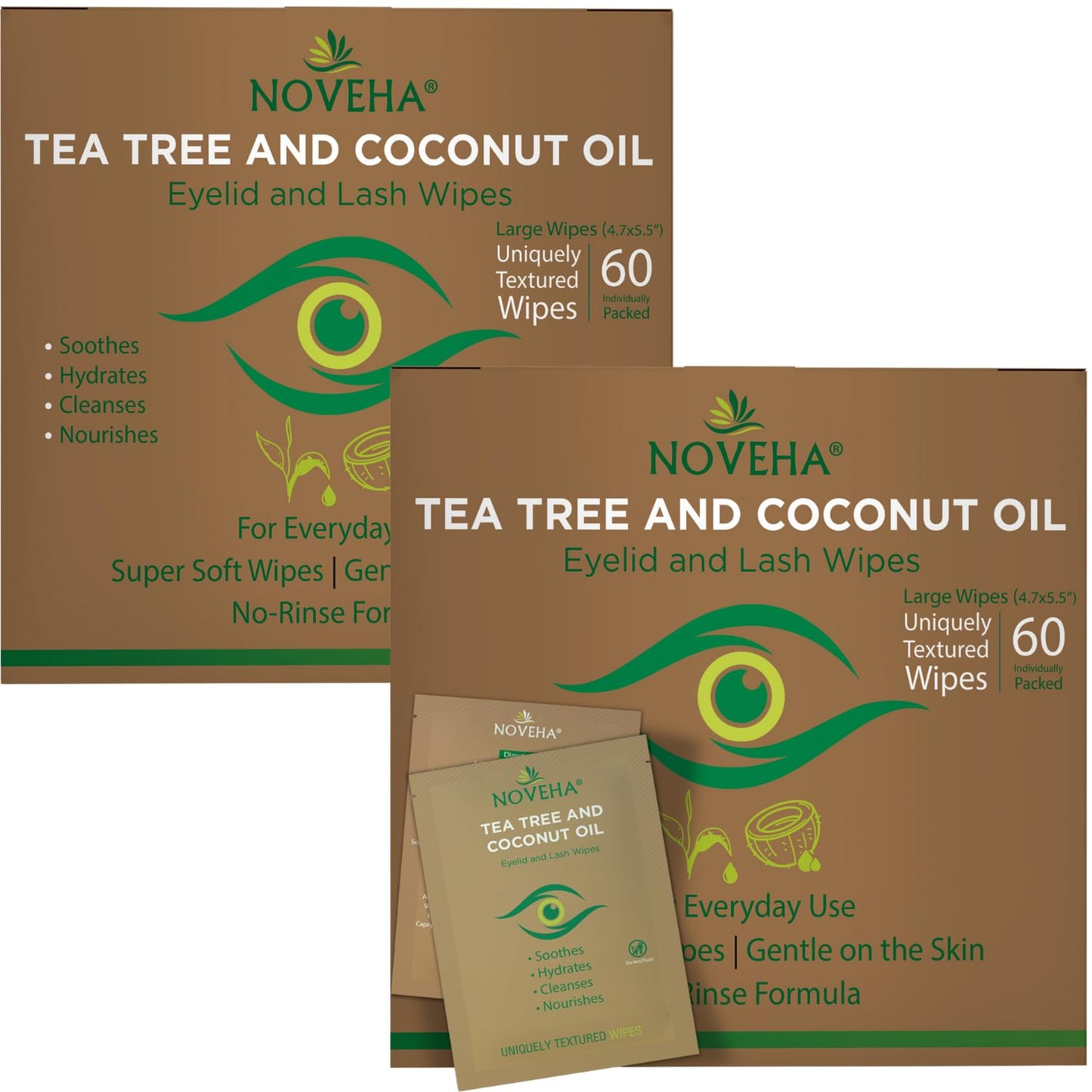NOVEHA Tea Tree & Coconut Oil Eyelid Wipes - 60 Individually Wrapped Makeup Remover Wipes for Itchy Eyes | Aloe Vera Infused