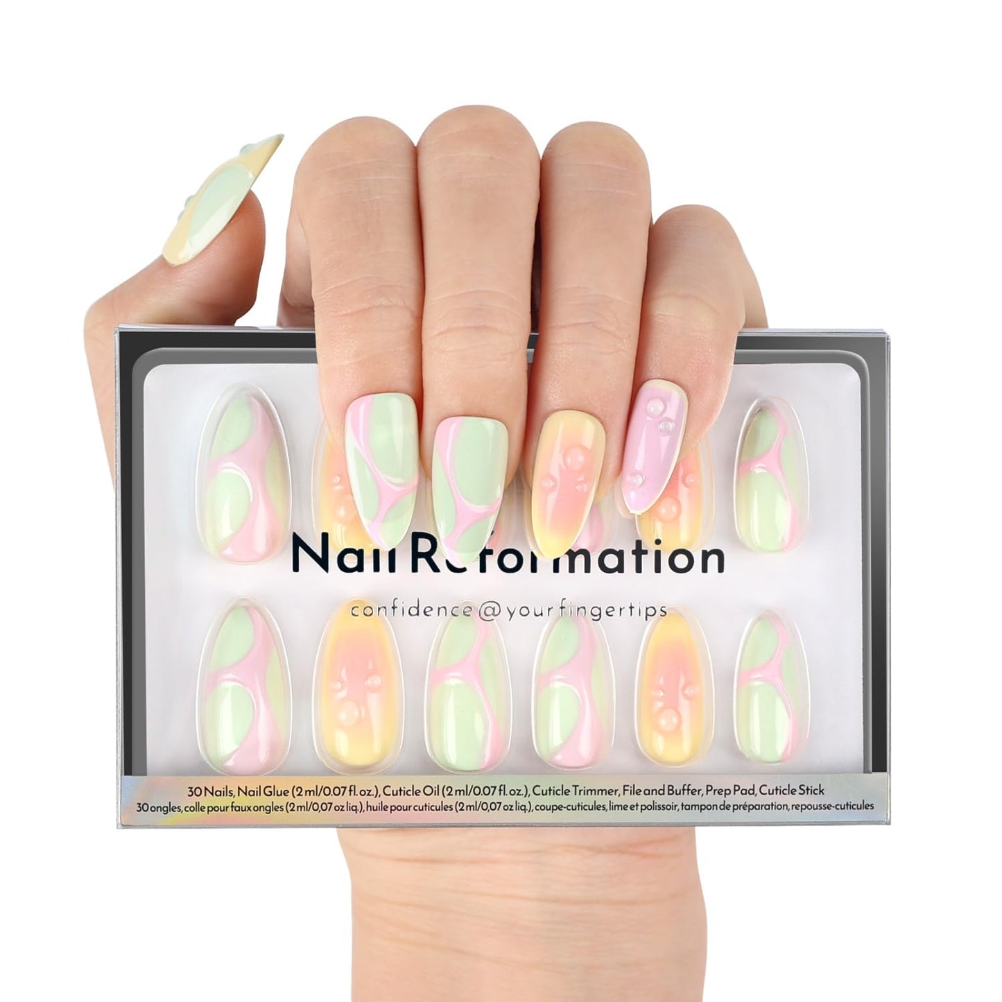 Press On Nails - Short Almond Fake Nails in Jade Green with Jewel Gold Accents | 32-Piece Reusable Nail Kit for Women