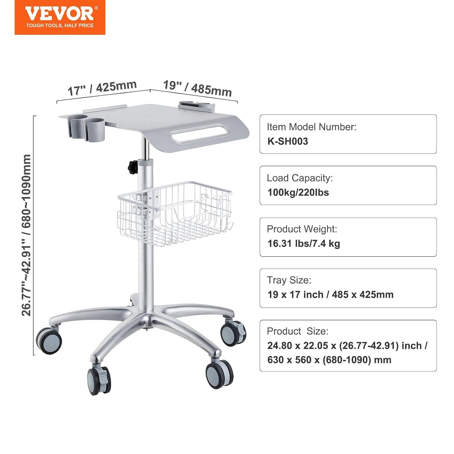 VEVOR Medical Trolley - Height Adjustable Stainless Steel Rolling Cart with Storage Basket | 19" x 17" Tabletop for Ultrasound, Dental, EKG, Lab