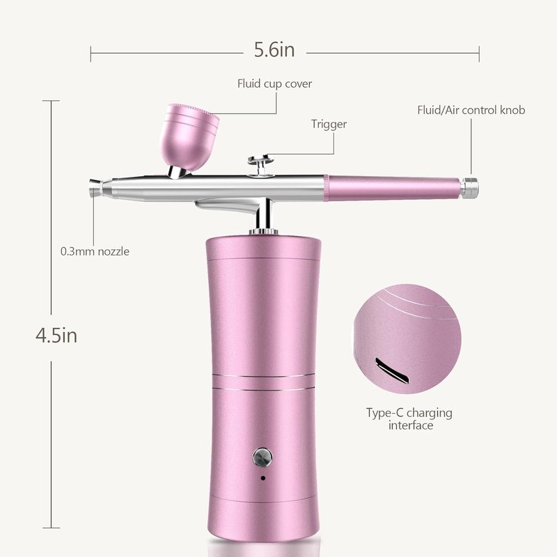 Airbrush Kit - Cordless Rechargeable 32psi Non-Clogging Airbrush Set | 0.3mm Nozzle for Makeup, Nail Art & Crafts (Pink)