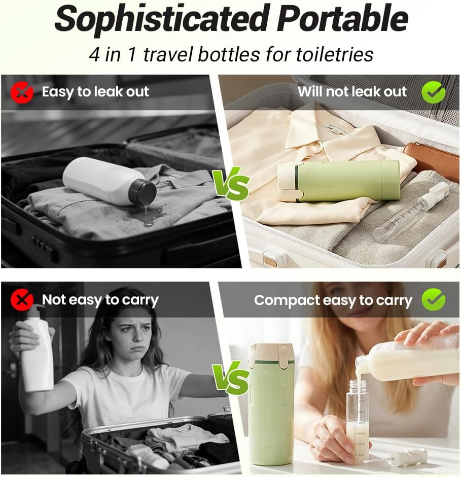 4-in-1 Travel Dispenser Bottle Set - Refillable 30ML Toiletry Containers | Leak-Proof Travel Size (Green & White)