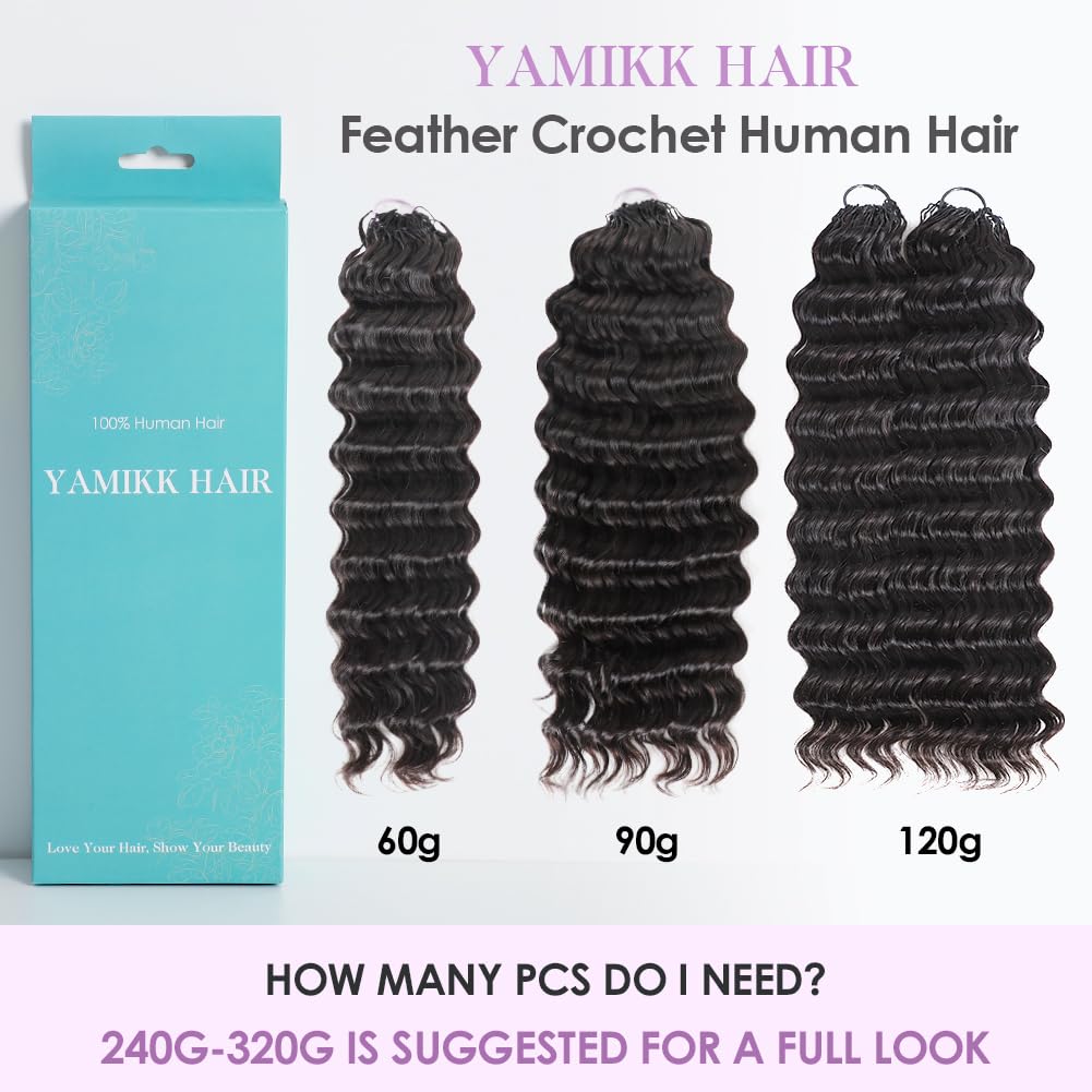 Feather Crochet Human Hair Extensions - 18 Inch Deep Wave | Pre-Looped, 60g, 50 Strands