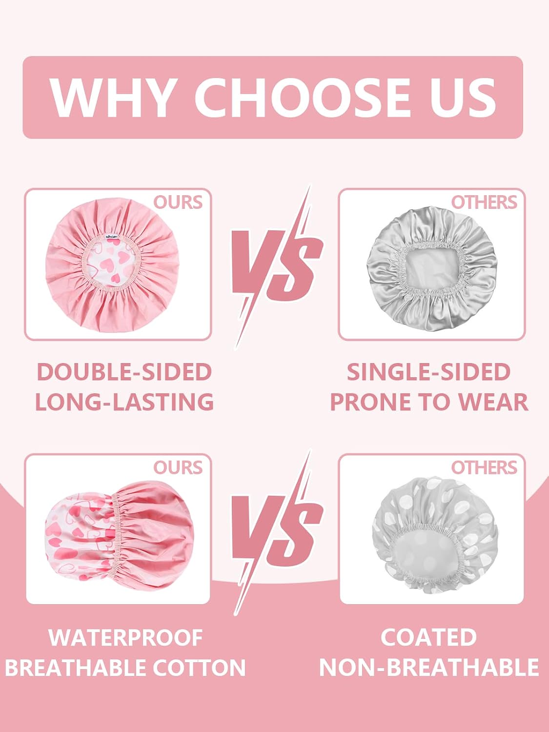 Reusable Waterproof Shower Caps for Women - Double Layer, Reversible Design | Soft Elastic Keeps Hair Dry