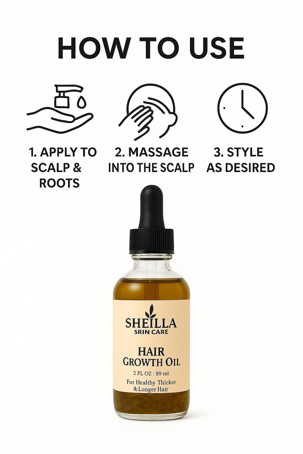 SHEI LLA Skin Care Hair Growth Oil – For Healthy, Thicker & Longer Hair – All Hair Types – 2 oz (59 ml)