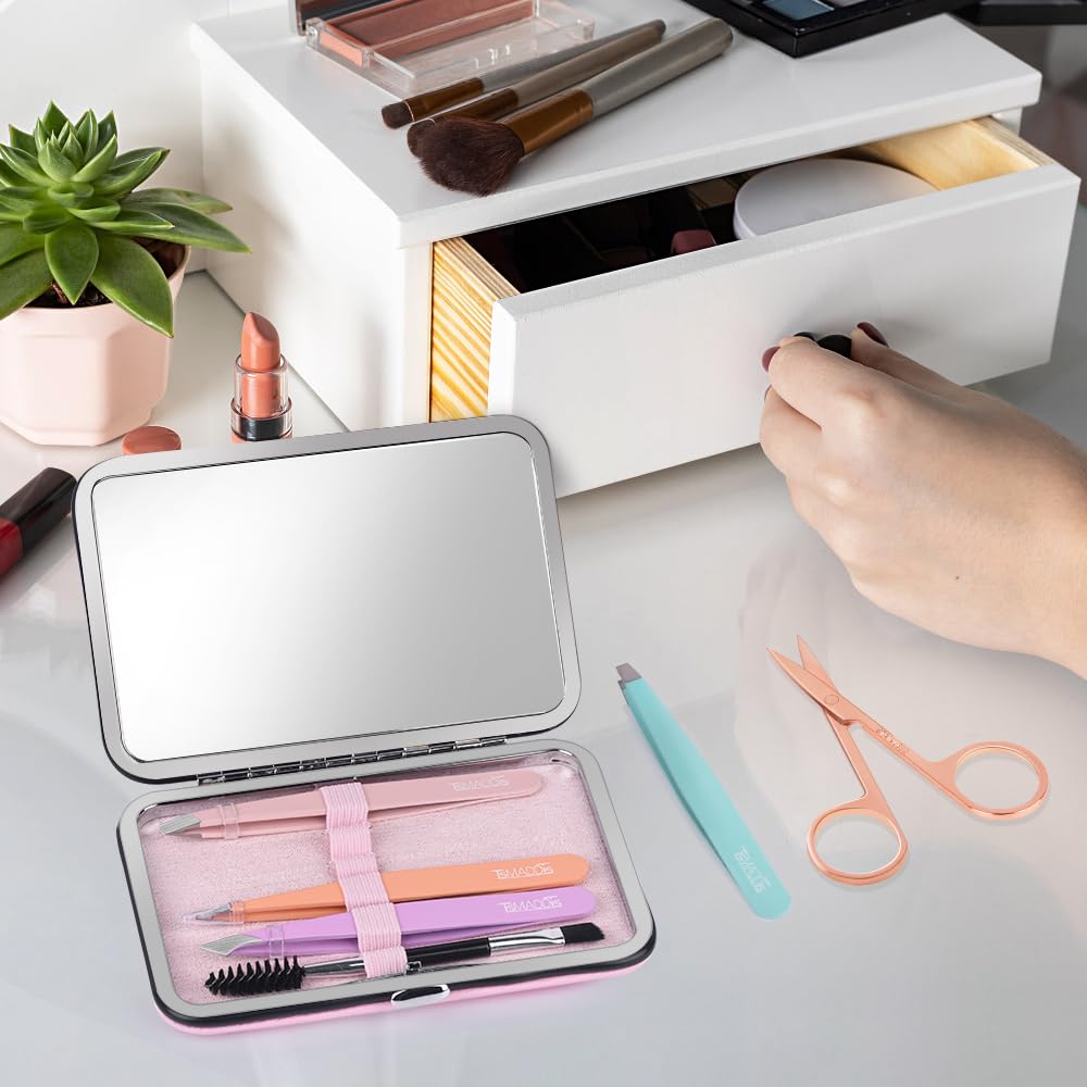 TsMADDTs Tweezers for Women Facial Hair - Precision Tweezers Set with Travel Case - Stainless Steel with Scissor, Mirror