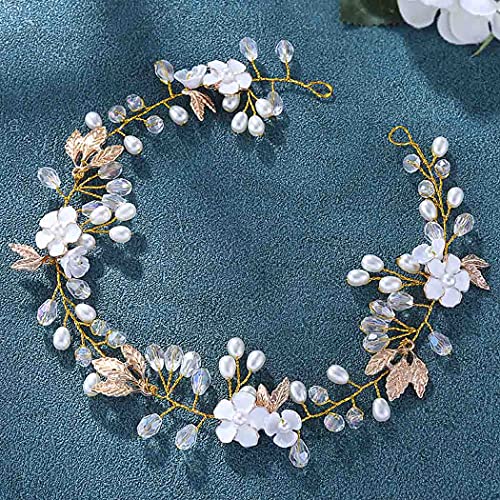Gold Pearl Leaf Flower Bridal Hair Vine - Crystal Headband for Weddings