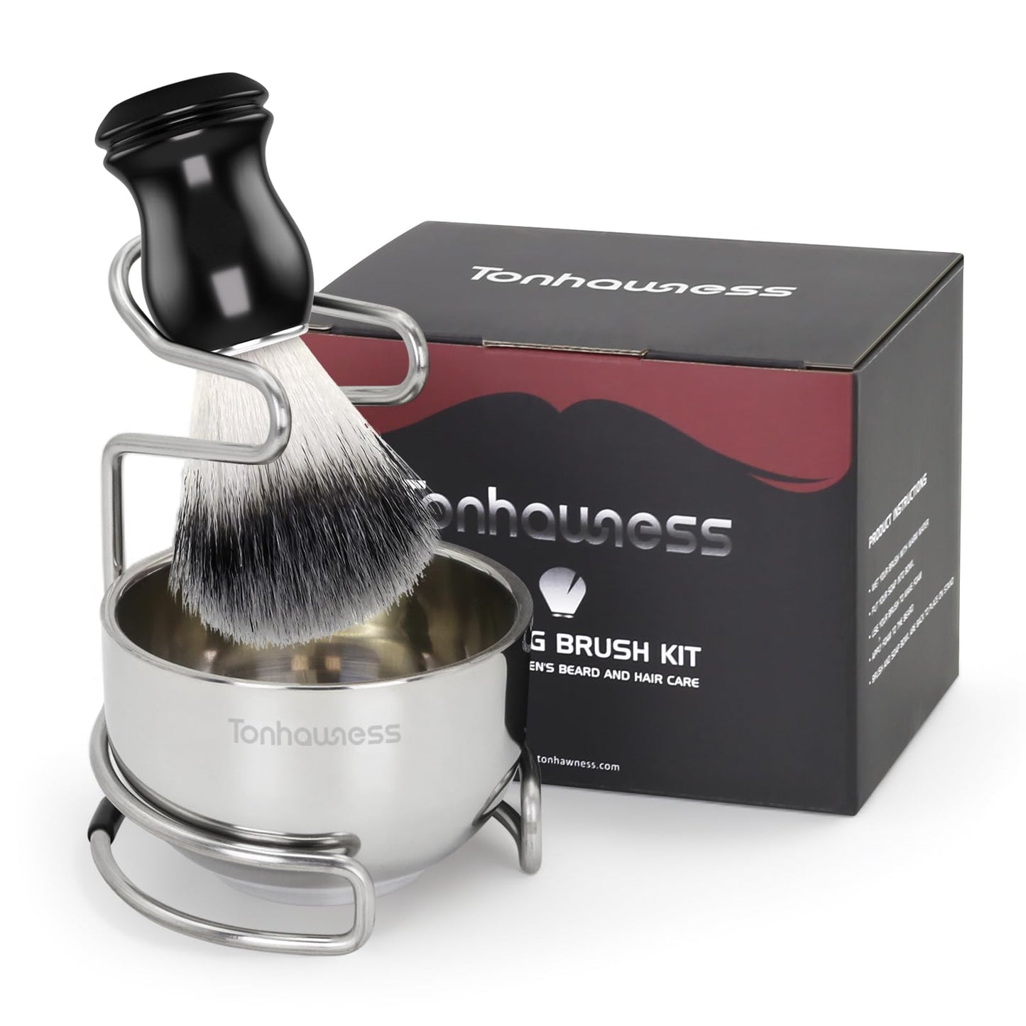 Tonhawness Shaving Brush Kit for Men, 3 in 1 Shave Brush Set Includes Nylon Bristle Shaving Brushes, 3 Layers Stainless Steel Shaving Bowl and Stand Holder Kit for Wet Shave Gift