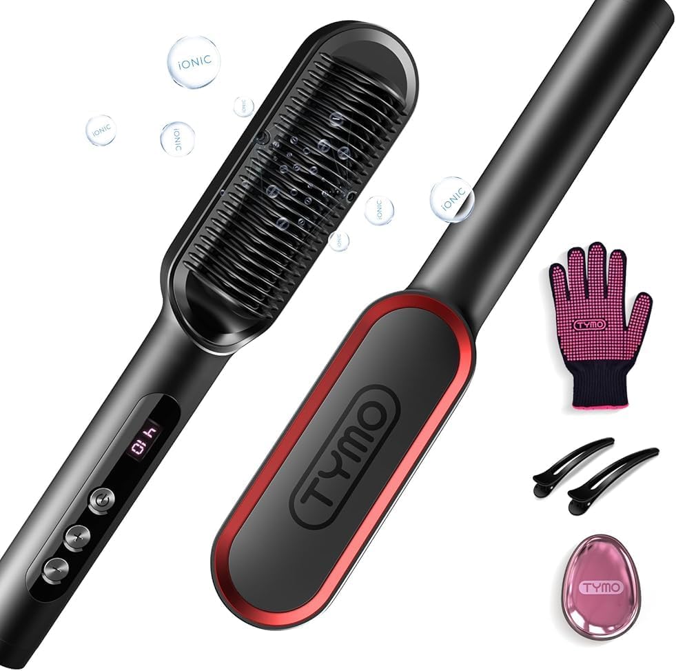 TYMO Ring Plus Ionic Hair Straightener Brush - Titanium Coated, 9 Temp Settings, LED Display | Dual Voltage Styling Tool for Women