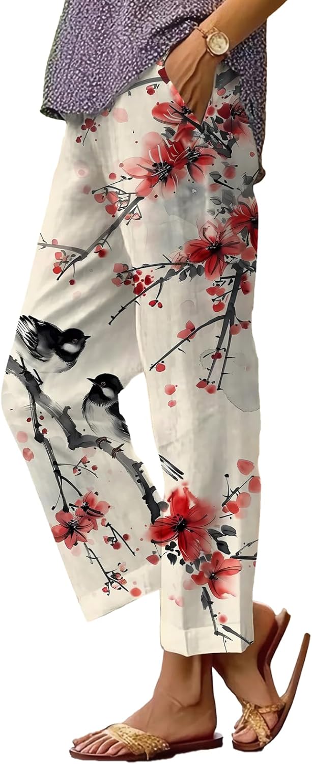 Women's Boho Floral Wide Leg Capris - Elastic Waist, Loose Fit Beach Pants | Casual Summer Trousers