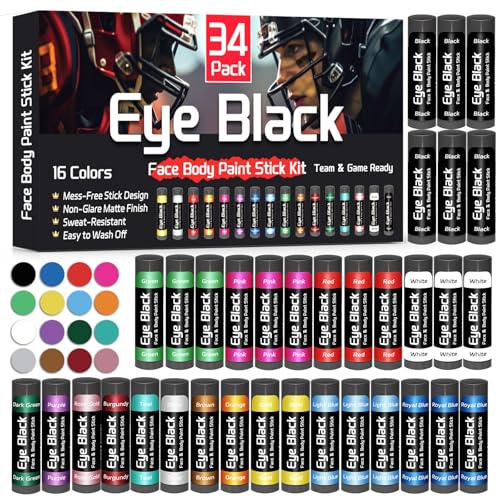 Warmify 16-Color Eye Black Stick Set for Football Baseball Softball — 34 Pack