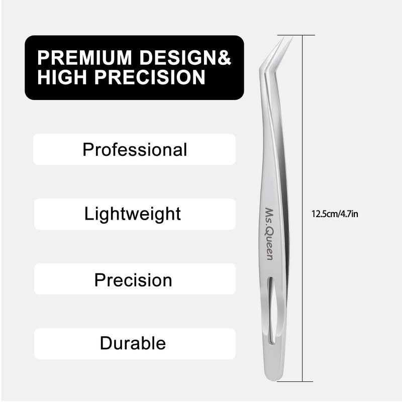 Ms.Queen Lash Tweezers for Lash Extensions,Professional 45 Degree Long Ultra-Firm tip Eyelash Tweezers for Isolation,Volume and Premade Fans Lashing