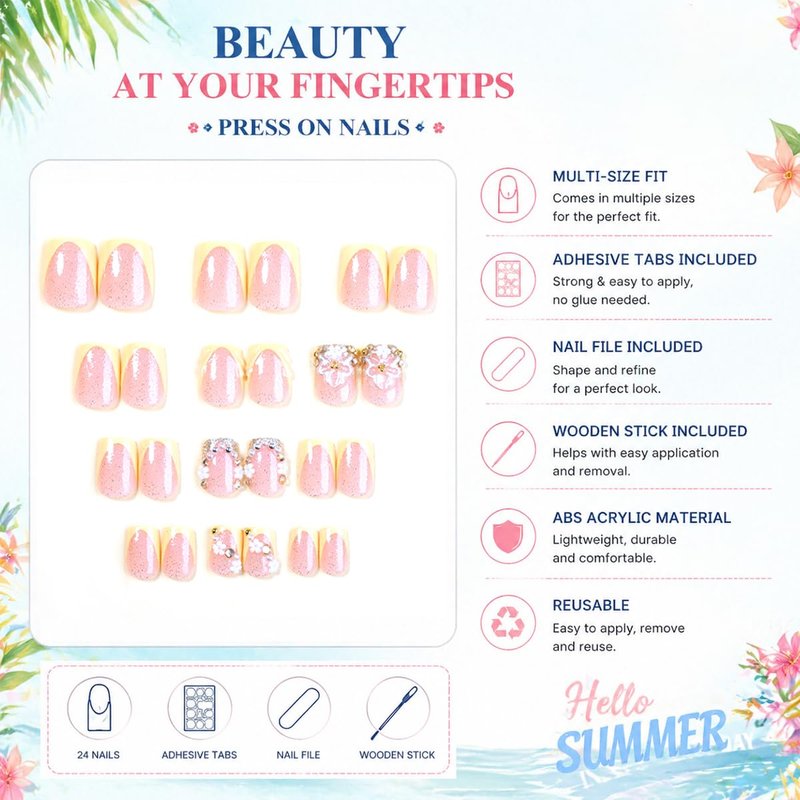 3D Flower Press On Nails - Short Square French Tip Fake Nails | Nude Pink Glitter with Gold Pearl & Rhinestone Design