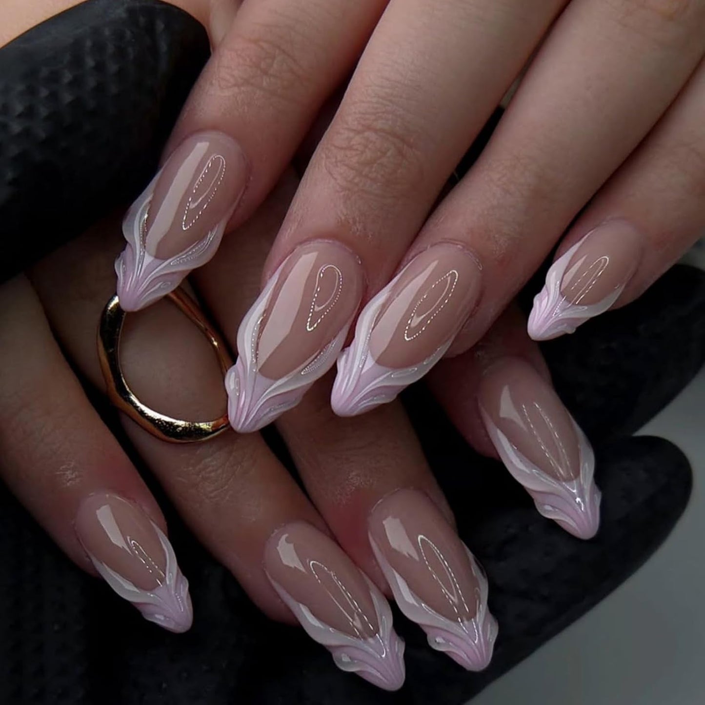 Press On Nails - French Tip Design with Rhinestones | Medium Almond Glossy Full Cover - 24 Pcs