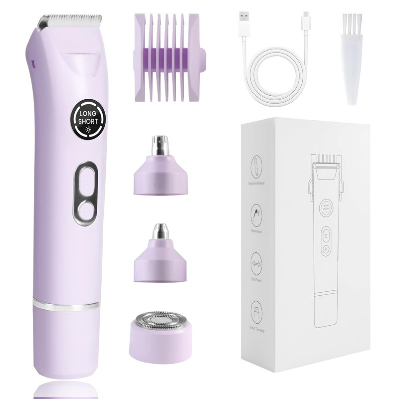 Bikini Trimmer for Women Dermave Bikini Shaver 4 in 1 Pubic Hair Trimmer, Razor for Women Private Area with Dual Heads IPX7 Waterproof, Electric Shaver for Nose Eyebrows Beard Underarm Leg Arm