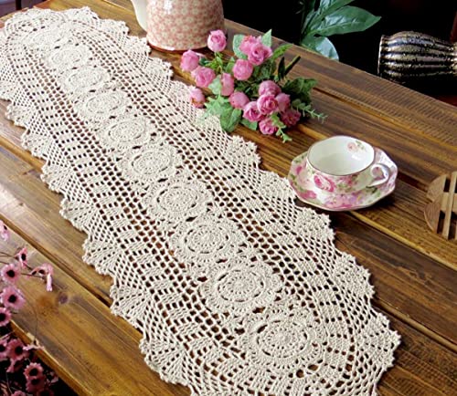 Beige Cotton Handmade Crochet Lace Table Runner Doily 12x27 Inch