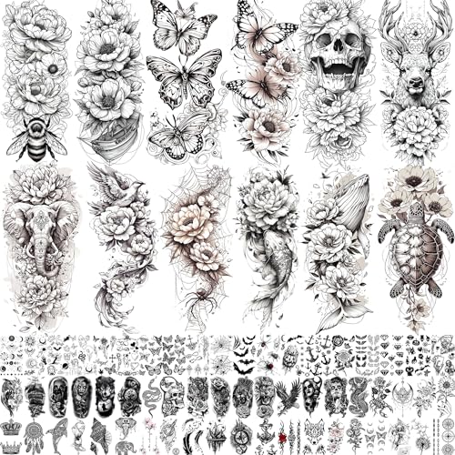 Toneoldshu Flower Butterfly Half Arm Sleeve Temporary Tattoos 71 Sheets for Women & Adults