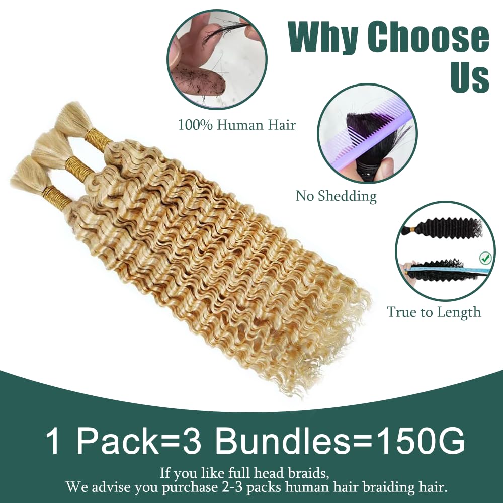 Blonde Bulk Human Hair Boho Braids 613 Human Braiding Hair 14 14 14 inch No Weft 3 Braids Per Pack 150g 27 Mixed With 613 Color