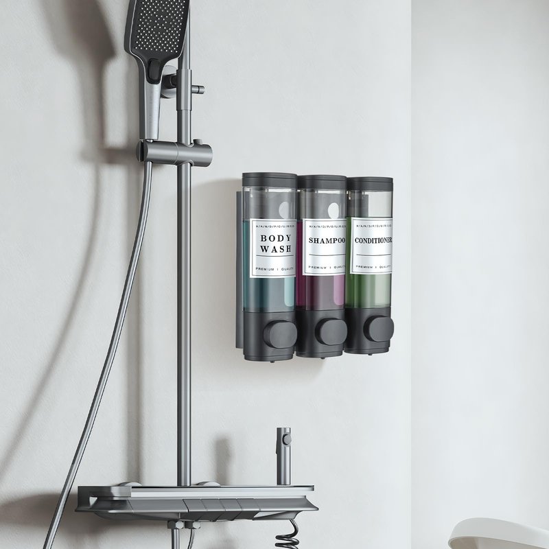 Shampoo and Conditioner Dispenser Shower Dispenser Body Wash Wall Mounted Shampoo Dispenser for Shower Wall No Drill for Bathroom Hotel 3 Chamber x 300ml Black with Waterproof Labels