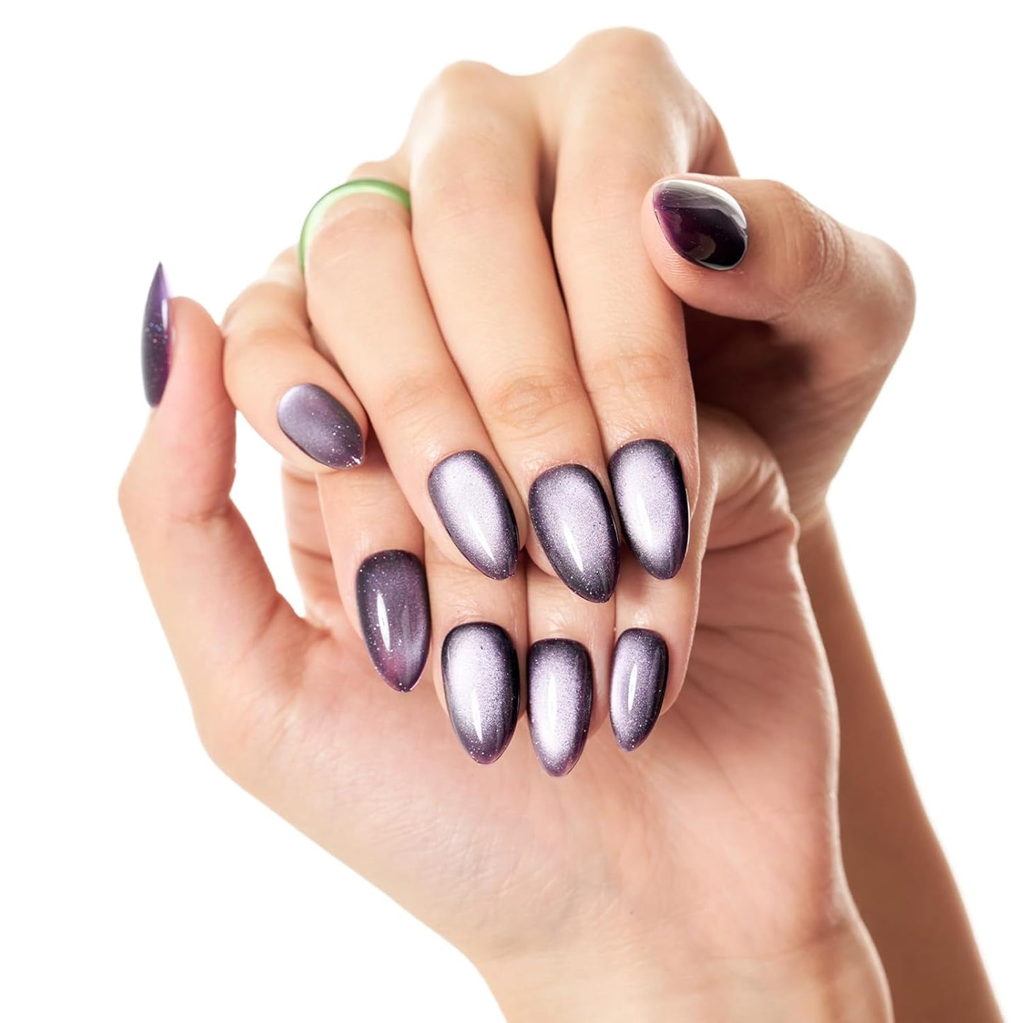 Dark Purple Magnet Cat Eyes Press-On Nails - Short Almond Shape | Handmade Jelly Gel Kit with Ombre Glitter