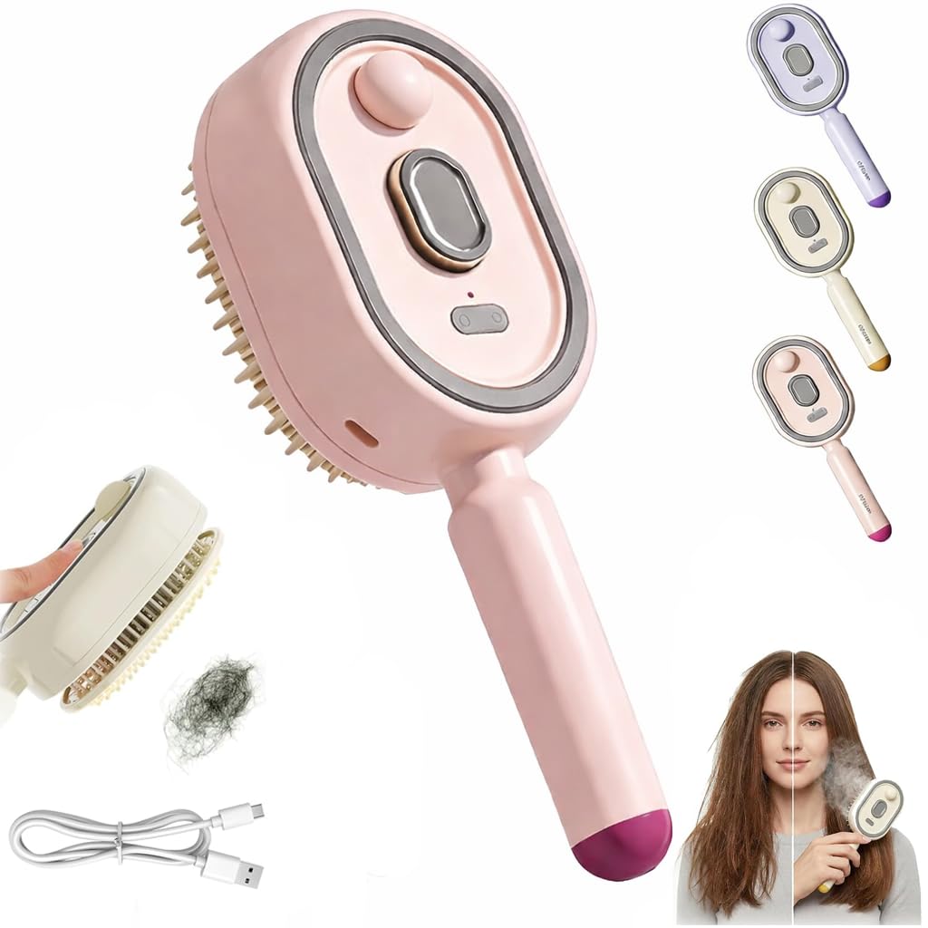 Electric Steam Brush for Hair, Rechargeable Steams Hair Straightener Brush with Detangling Comb, Spray Air Cushion Massage Comb, Anti-Static Wet Hairbrush for Smoothing & Reducing Frizz (Pink)
