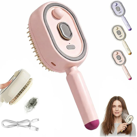 Electric Steam Brush for Hair, Rechargeable Steams Hair Straightener Brush with Detangling Comb, Spray Air Cushion Massage Comb, Anti-Static Wet Hairbrush for Smoothing & Reducing Frizz (Pink)