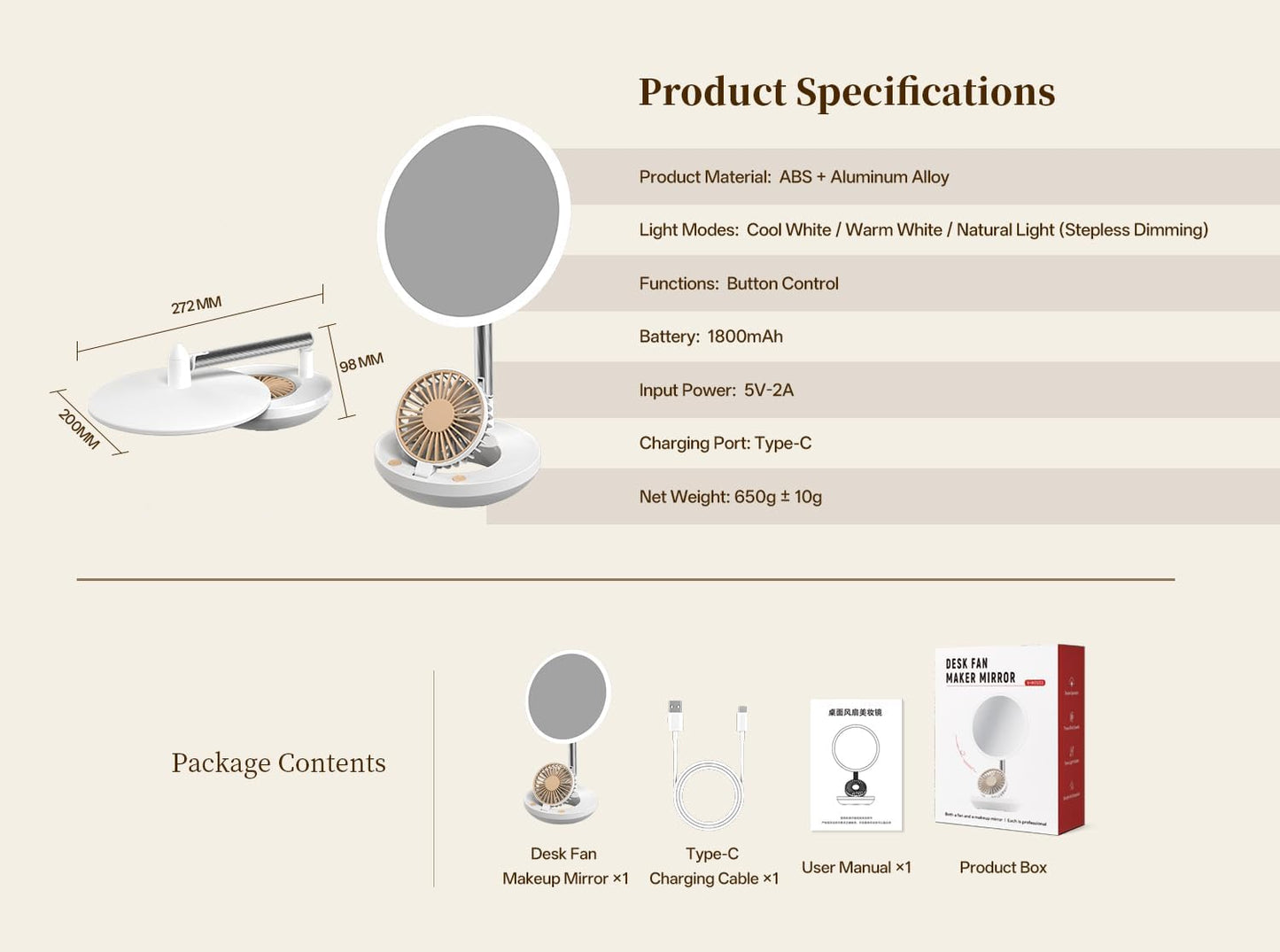 LED Makeup Mirror - 3-in-1 Rechargeable Vanity Mirror with Fan & Ring Light | 3 Color Modes, Stepless Dimming, Portable (White)
