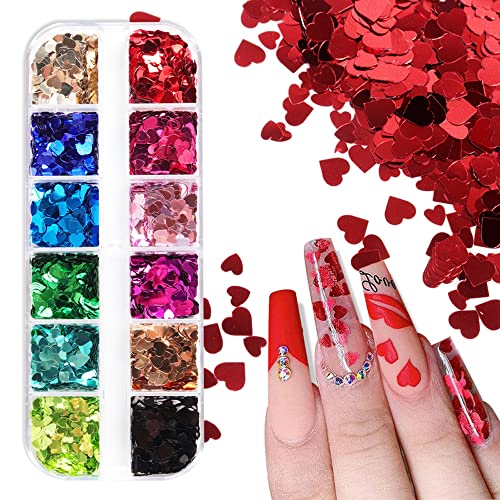 Valentine's Day Heart Glitter Sequins for Nail Art - 12 Color Holographic Flakes