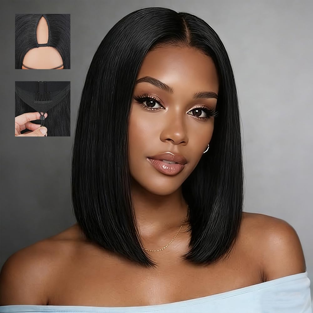 V Part Bob Wigs - 250% Density Brazilian Straight Human Hair for Black Women | 10-Inch Glueless Clip-In Half Wig