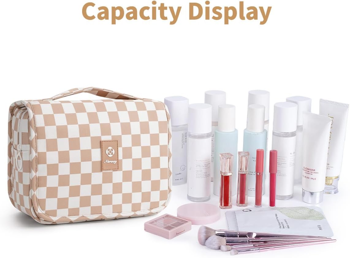 Travel Toiletry Bag - Small Hanging Makeup Organizer for Women | Light Brown Checkerboard Design