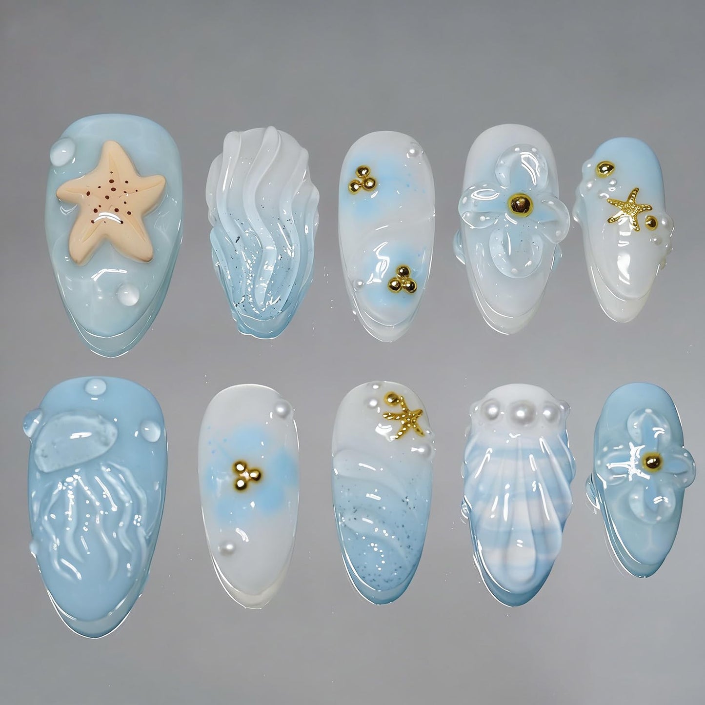 Pink Flower Press-On Nails - Medium Almond Floral Design with Rhinestones & Glitter | 24 Pcs Full Cover Acrylic Nails