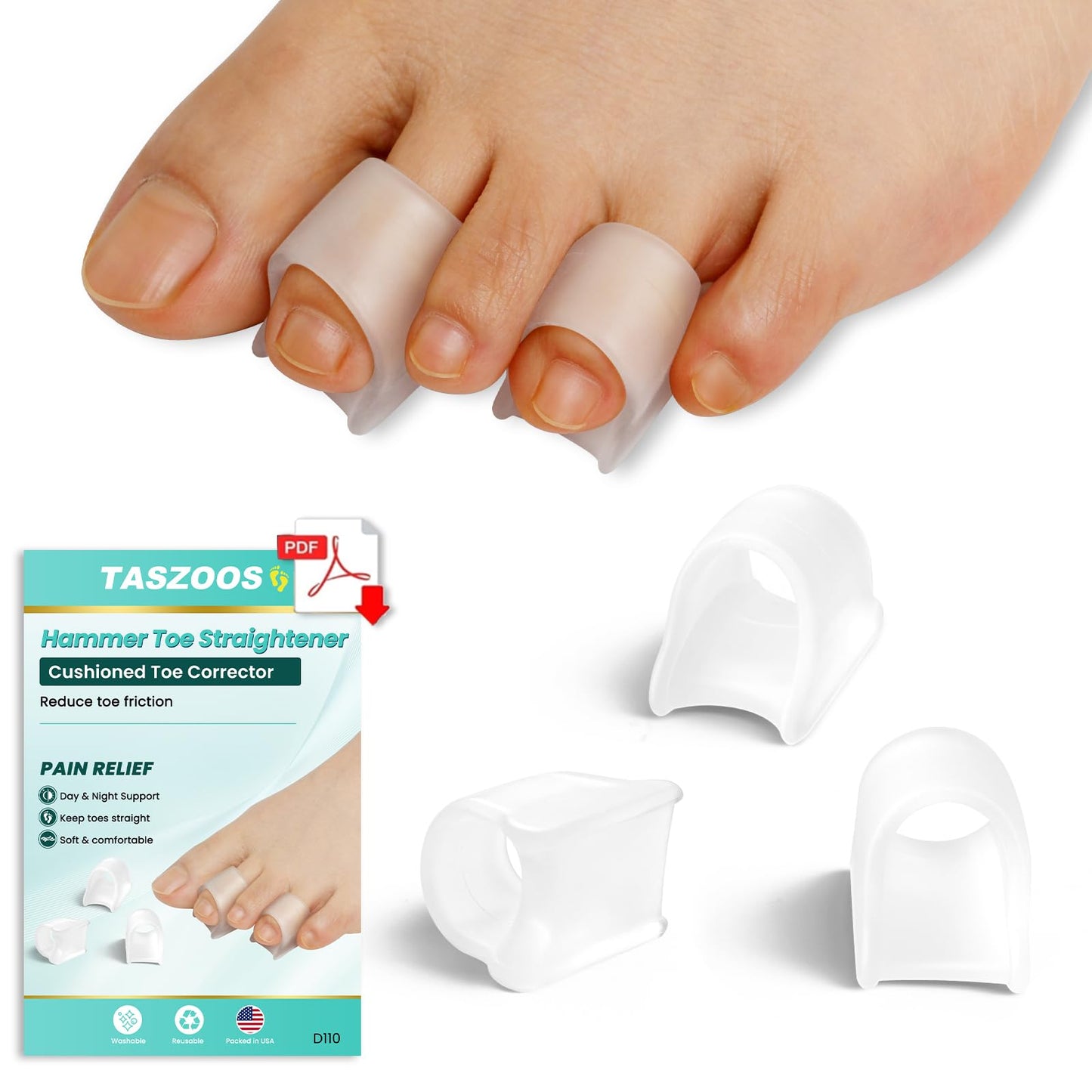 TASZOOS Hammer Toe Straightener Corrector for Women & Men - Hammer Toe Straightener, Gel Toe Splints - Realign Bent, Curled, Crooked, Claw, Hammer Toes - 3 Different Sizes (S/M/L) - 6pcs (Clear)