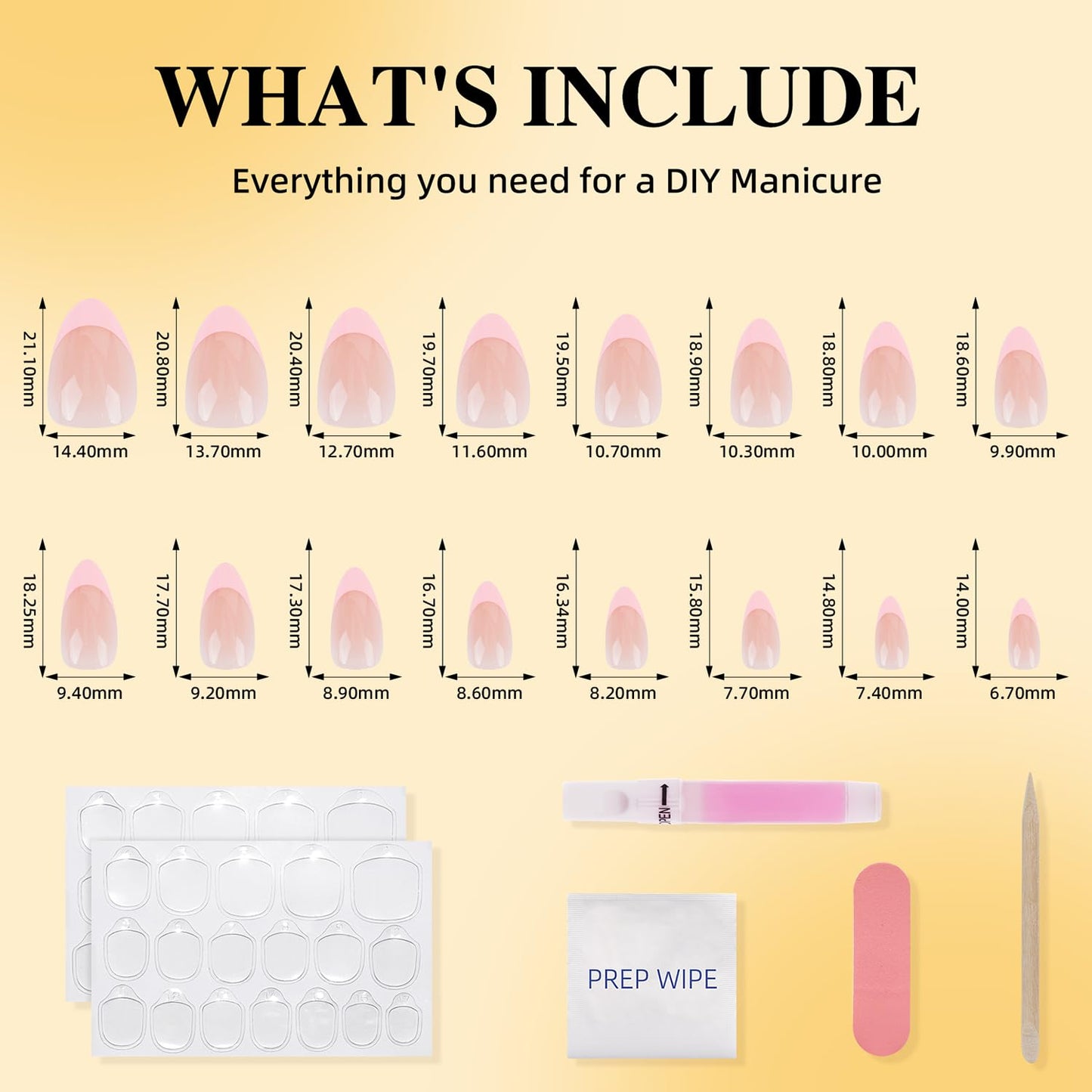 French Tip Press On Nails - Glossy Pink Almond Reusable Fake Nails | 32 Pieces in 16 Sizes with Glue